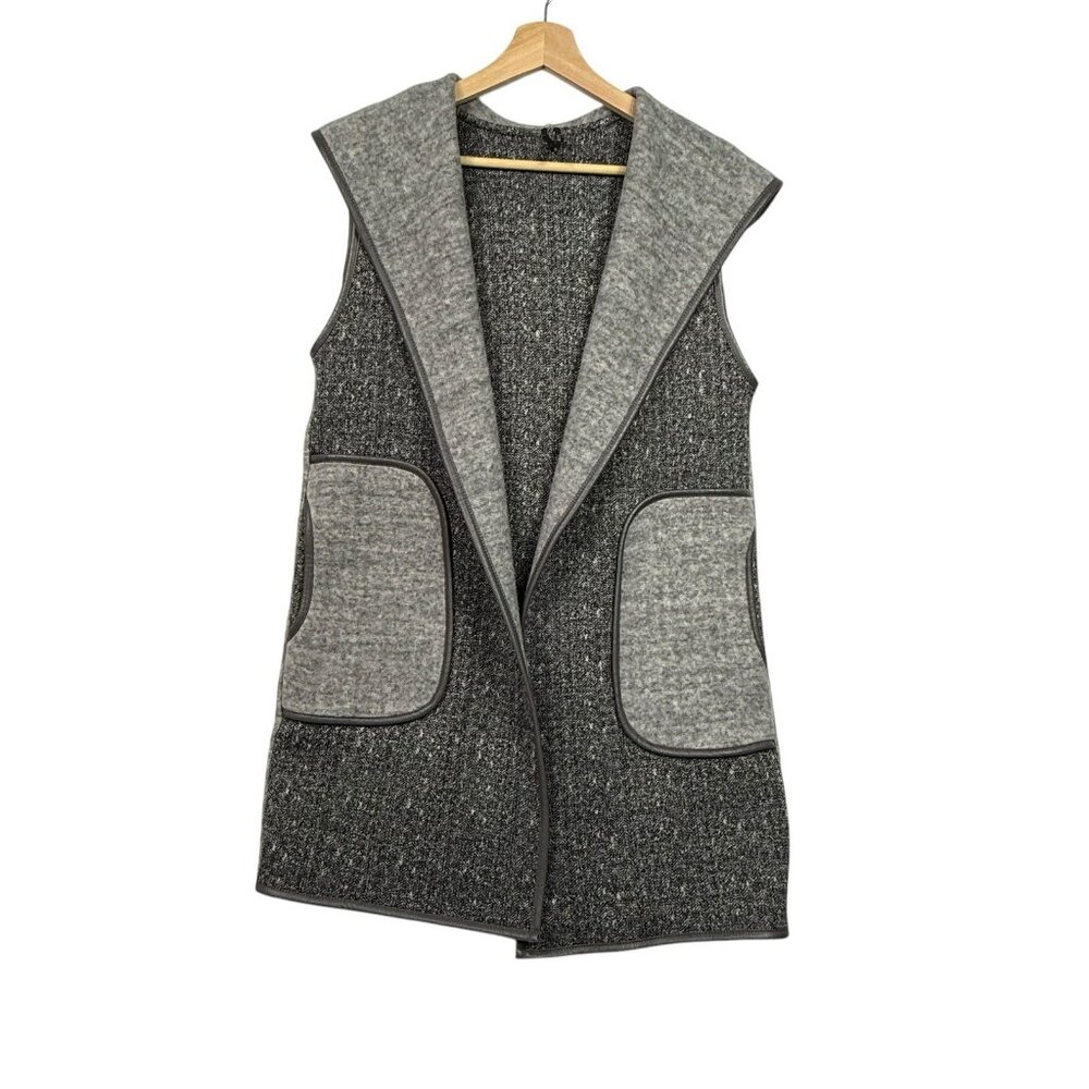 Capote Cardigan Sweater Vest Sz M Open Front Duster Gray Black White Pockets